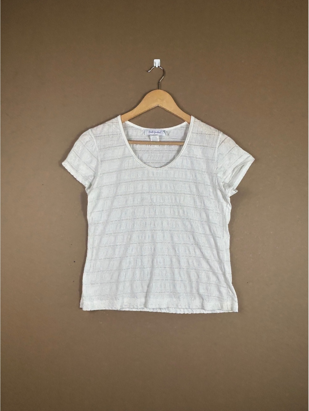 Fresh Produce Casual White Textured Striped Short Sleeve Top Tee Size Medium